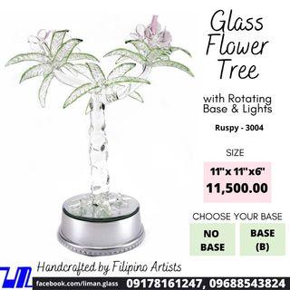 Artificial Flower Tree Pink Glass Figurines Home Decor Accents with Rotating Base and LED Lights