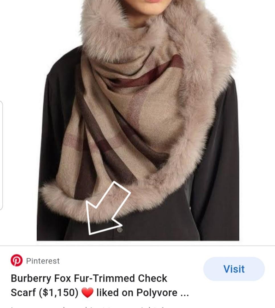 Authentic Burberry Smoked Trench Check Fur Trim Wrap Scarf Shawl
