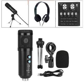 Complete Set - USB Condenser Recording Microphone +Portable Audio Solo Music Headphone + V8 Pro Live Audio Interface/Sound Card with FREE 1.5M Audio Stereo AUX Jack 3.5mm Cable