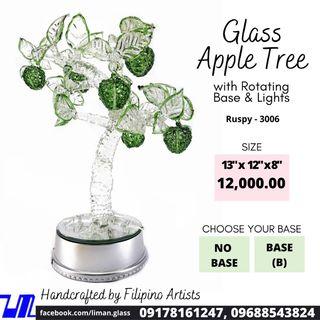 Green Apple Tree Glass Figurines Home Decor Display with Rotating Base and LED Lights