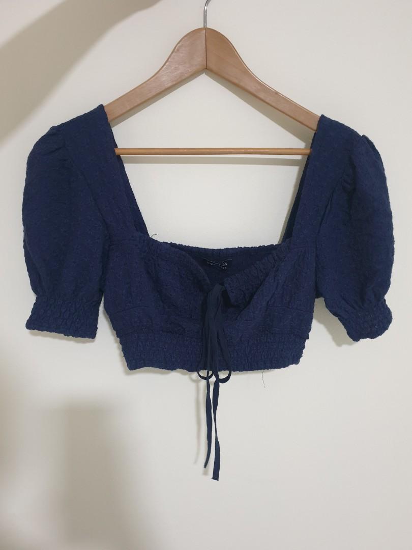 Navy Blue Crop Milkmaid Blouse, Women's Fashion, Tops, Blouses on Carousell