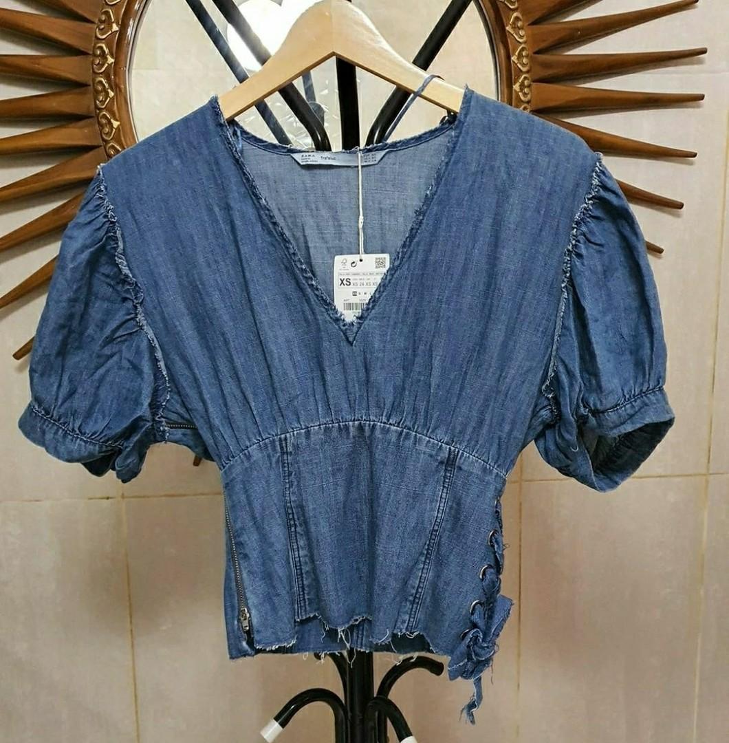 NWT Zara denim puff sleeve top, Fesyen 