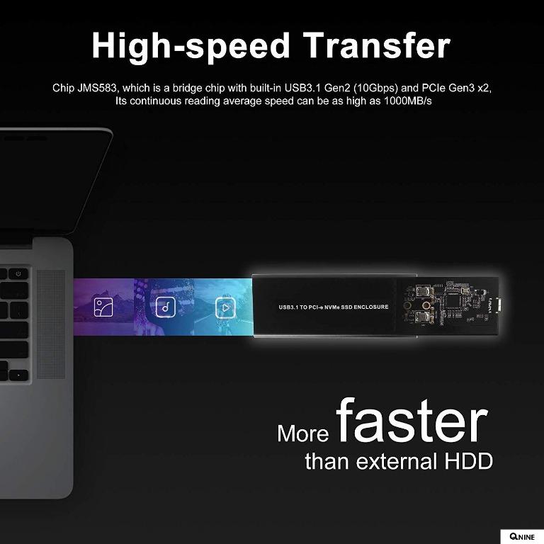 QNINE NVME SSD Enclosure M.2 NVME to USB C Adapter with Case Based on USB 3.1 Gen 2 10 Gbps to PCIe Gen 3 x2 Bridge Chip Included 2 USB Cables