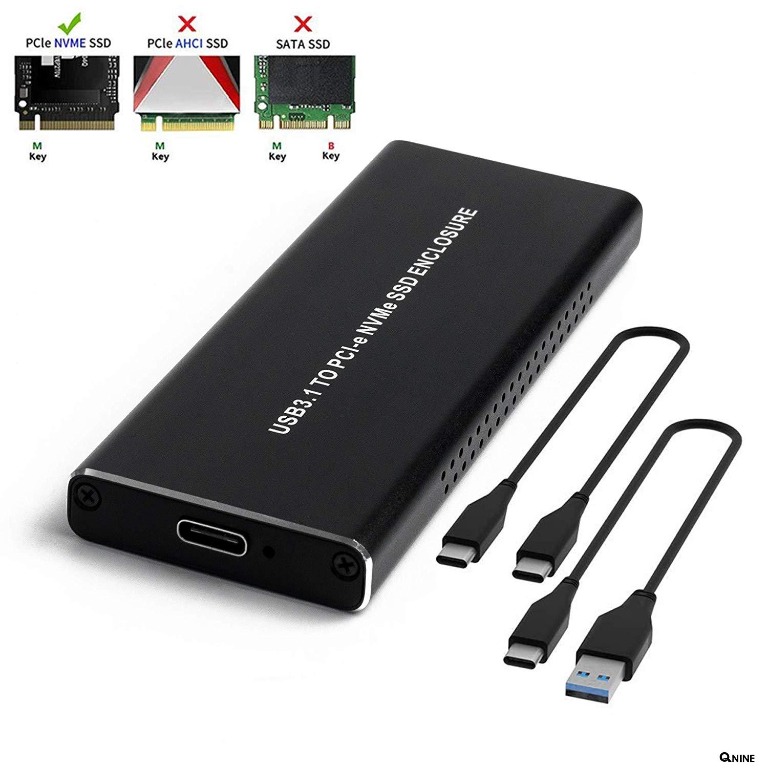 QNINE NVME SSD Enclosure M.2 NVME to USB C Adapter with Case Based on USB 3.1 Gen 2 10 Gbps to PCIe Gen 3 x2 Bridge Chip Included 2 USB Cables Fit