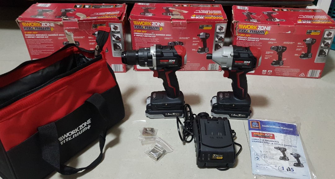 Workzone 20v cordless brushless hammer driver and impact driver