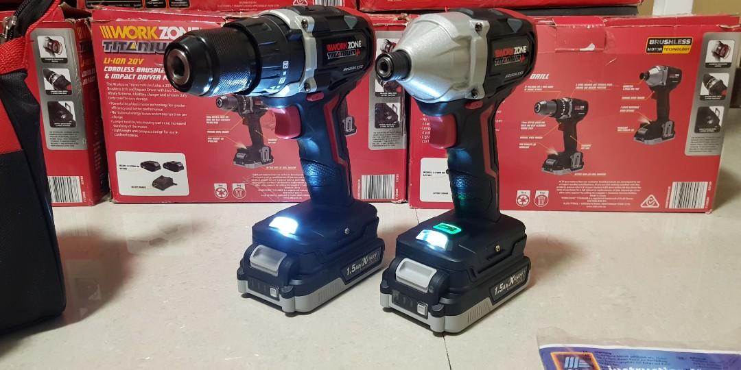 Workzone 20v cordless brushless hammer driver and impact driver
