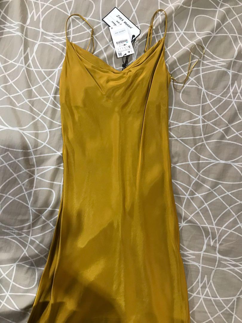 Zara Cowl Neck Slip Dress In Yellow Gold, Women'S Fashion, Dresses & Sets,  Dresses On Carousell