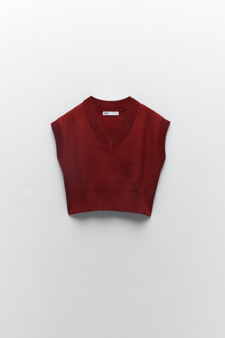 Zara vest knit Crop Top maroon, Fesyen Wanita, Pakaian Wanita, Atasan