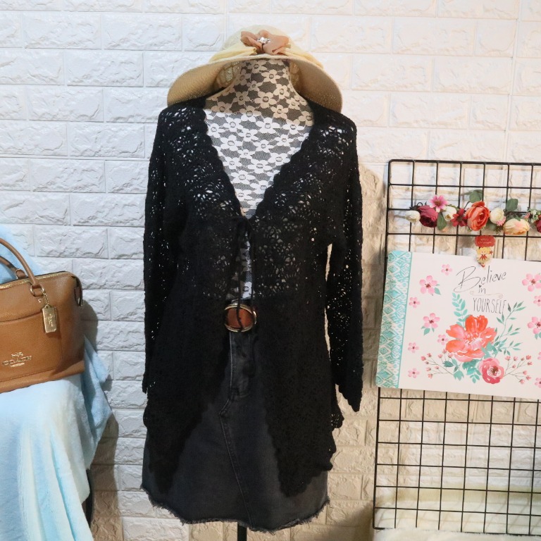 Black Crochet Cardigan, Women's Fashion, Tops, Longsleeves on Carousell