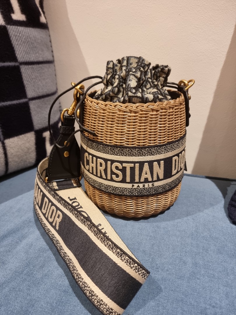 CHRISTIAN DIOR Oblique Wicker jacquard Basket bag 2WAY Hand Bag Beige x  Navy  eBay