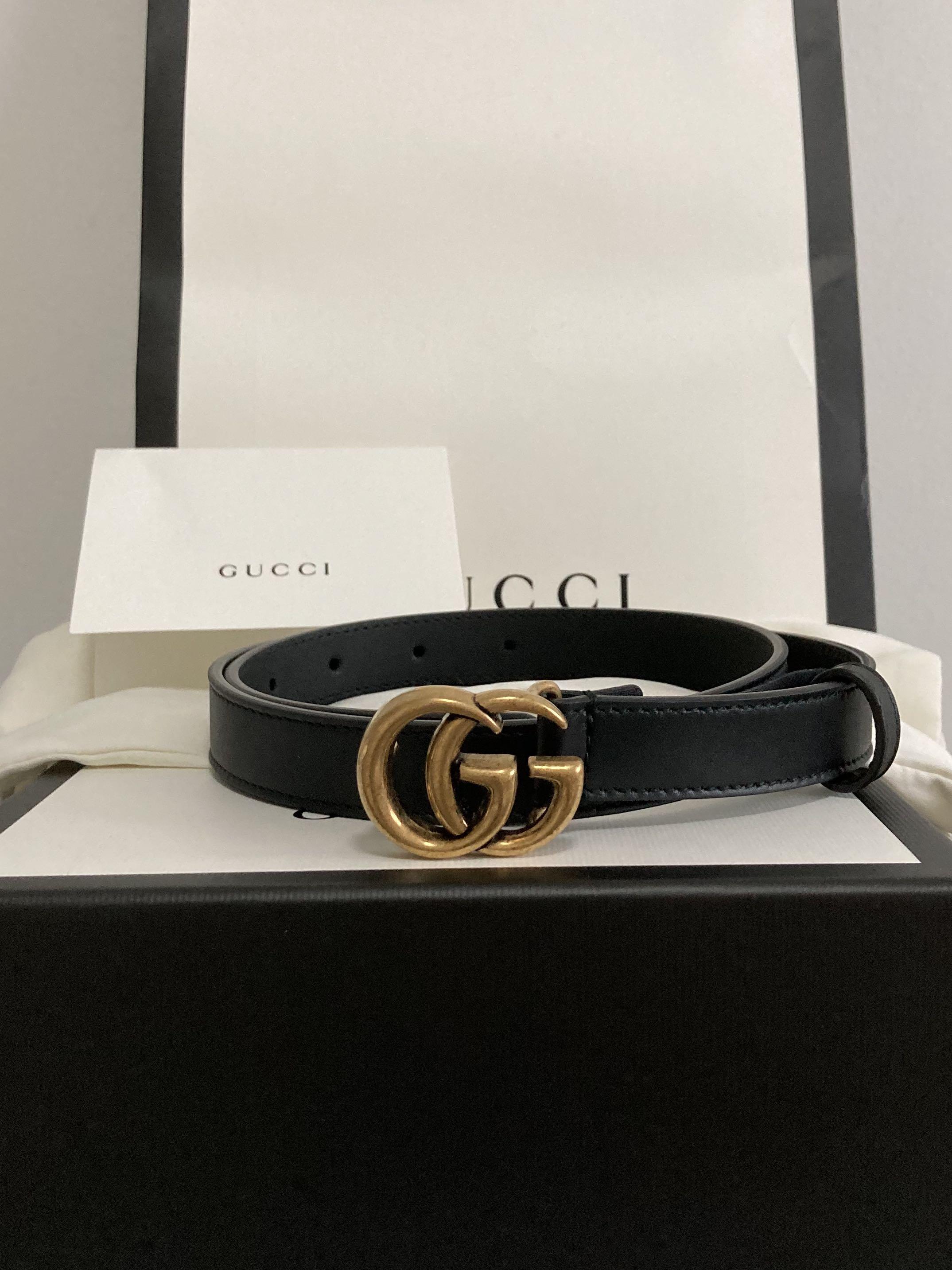 Gucci GG Marmont Thin Leather Belt with Antique Gold Hardware