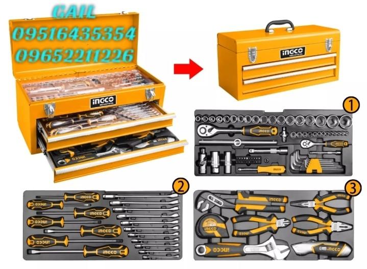 INGCO 97 Pcs Tool Chest Set (HTCS220971) (Category: Construction Tools & Equipment) located in Caloocan City. Submitted by abieghail (Listing ID 1089107155, Image 2). Description: INGCO 97 Pcs Tool Chest Set (HTCS220971) Chest part: Overall size:520*218*243mm Thickness of Cabinet:0.8mm Thickness of drawer:0.6mm With 1pcs 506*215*63mm Top Tracy Area With 2pcs 449*196*54mm drawer Tools part: Top Tracy Area Included: 1Pcs Ratchet wrench: 1/2" 18Pcs 