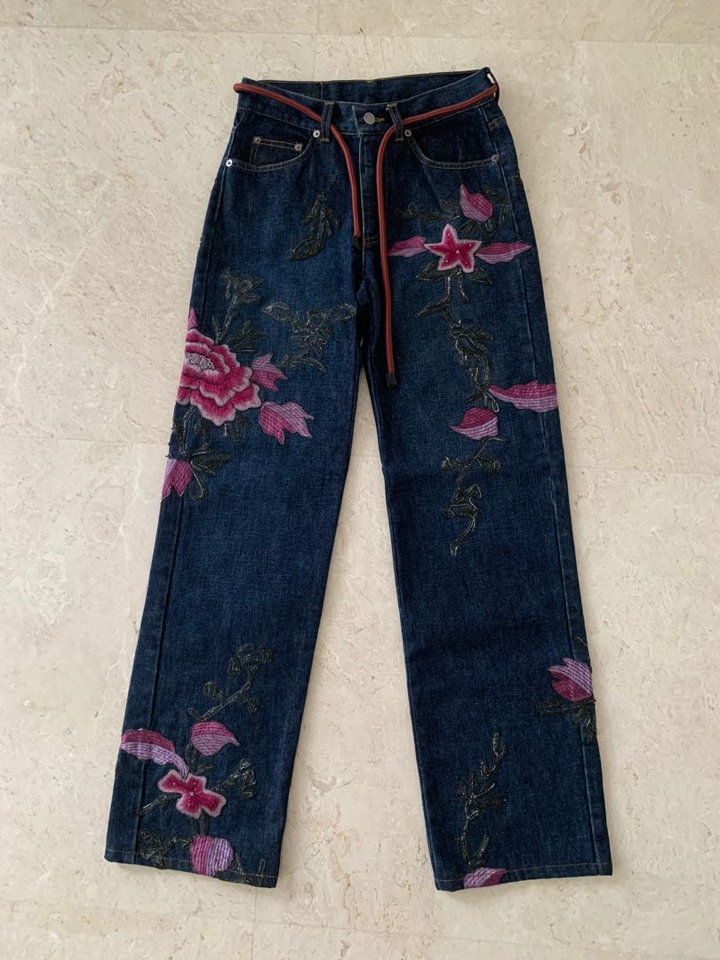 TOM FORD for GUCCI Runway Floral Embroidered Denim Jeans, Fall