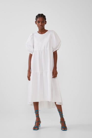 Zara White Tiered Poplin Midi Dress With Puff Sleeves, Women's Fashion ...