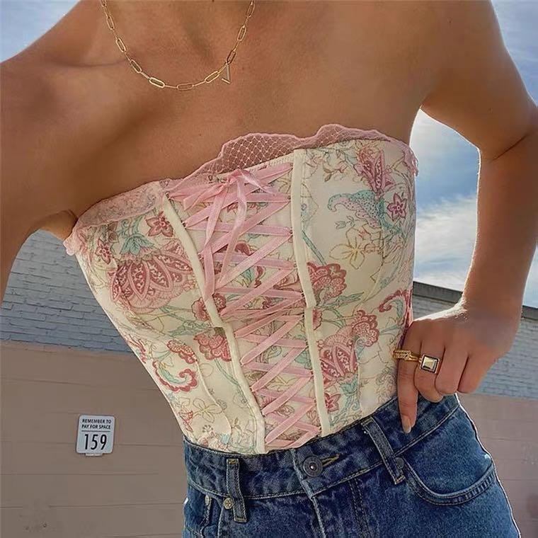 Floral corset tube coquette pinterest bustier, Women's Fashion, Tops, Other  Tops on Carousell