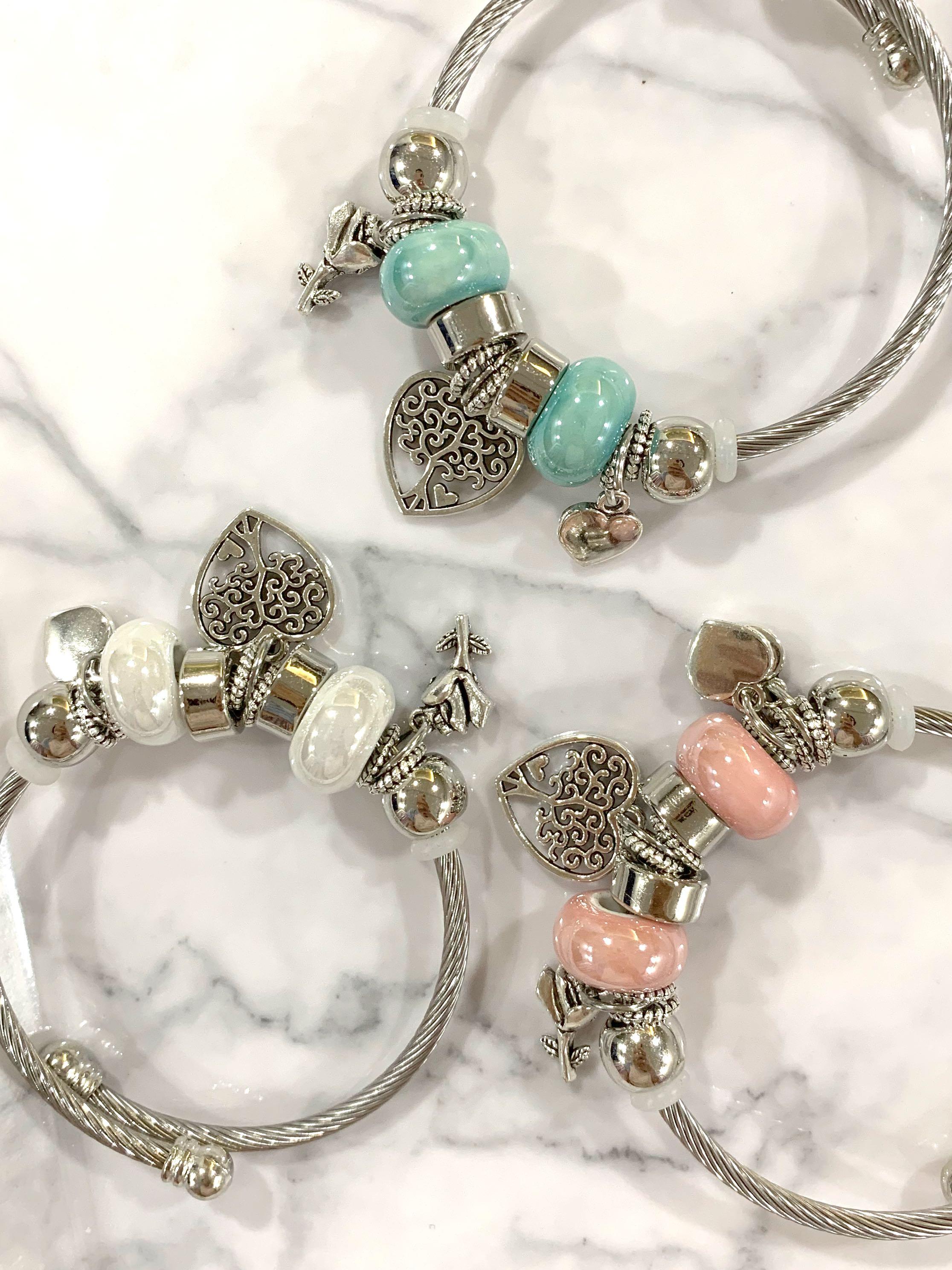 Left White BNIB Bracelet with Heart and flower charms like Pandora not Swarovski Tiffany co Chanel Prada Hermes arm candy wristband jewellery bangle gift Women s Fashion Jewelry Organisers Bracelets o...