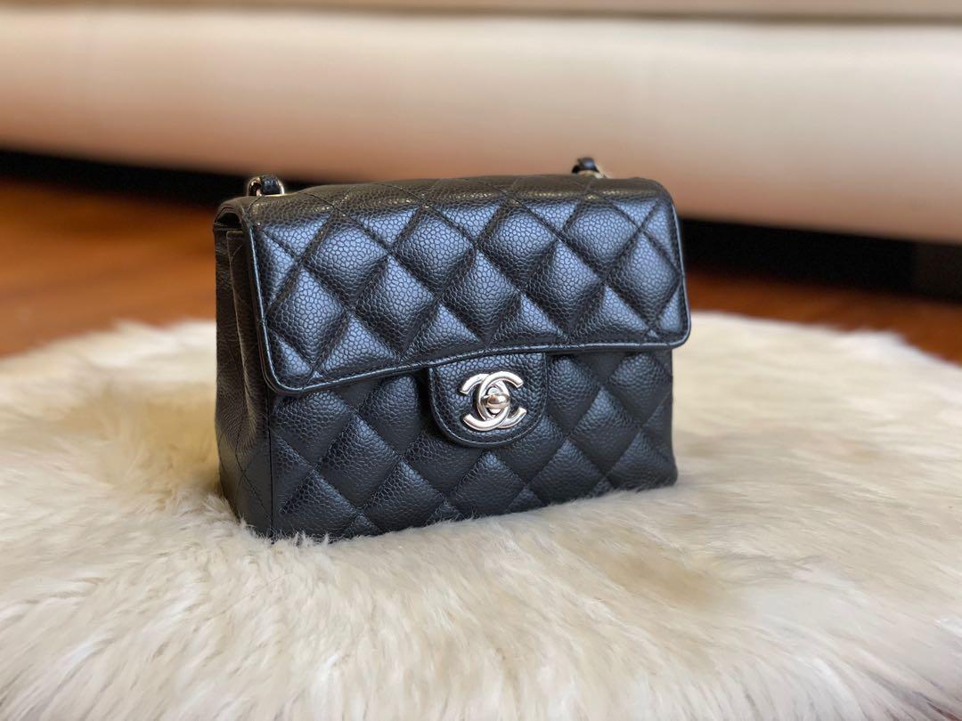 CHANEL Classic Flap Mini Square Chain Shoulder Bag Black Caviar Leather  Rare