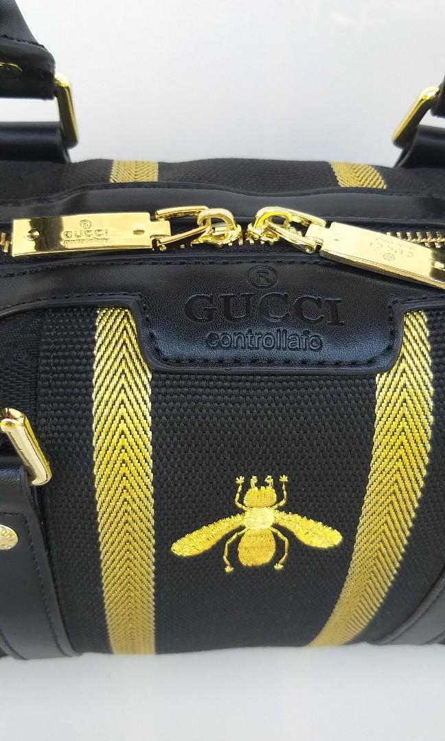 GUCCI BEE BLACK BOSTON 25cm CANVAS BAG, Luxury, Bags & Wallets on