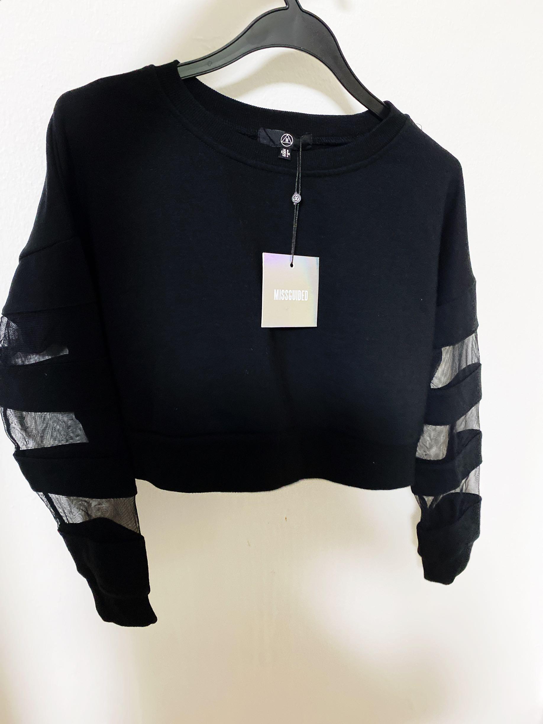 Missguided Active Black Mesh Sleeve Cropped Sweatshirt Women s Fashion Tops Longsleeves on Carousell