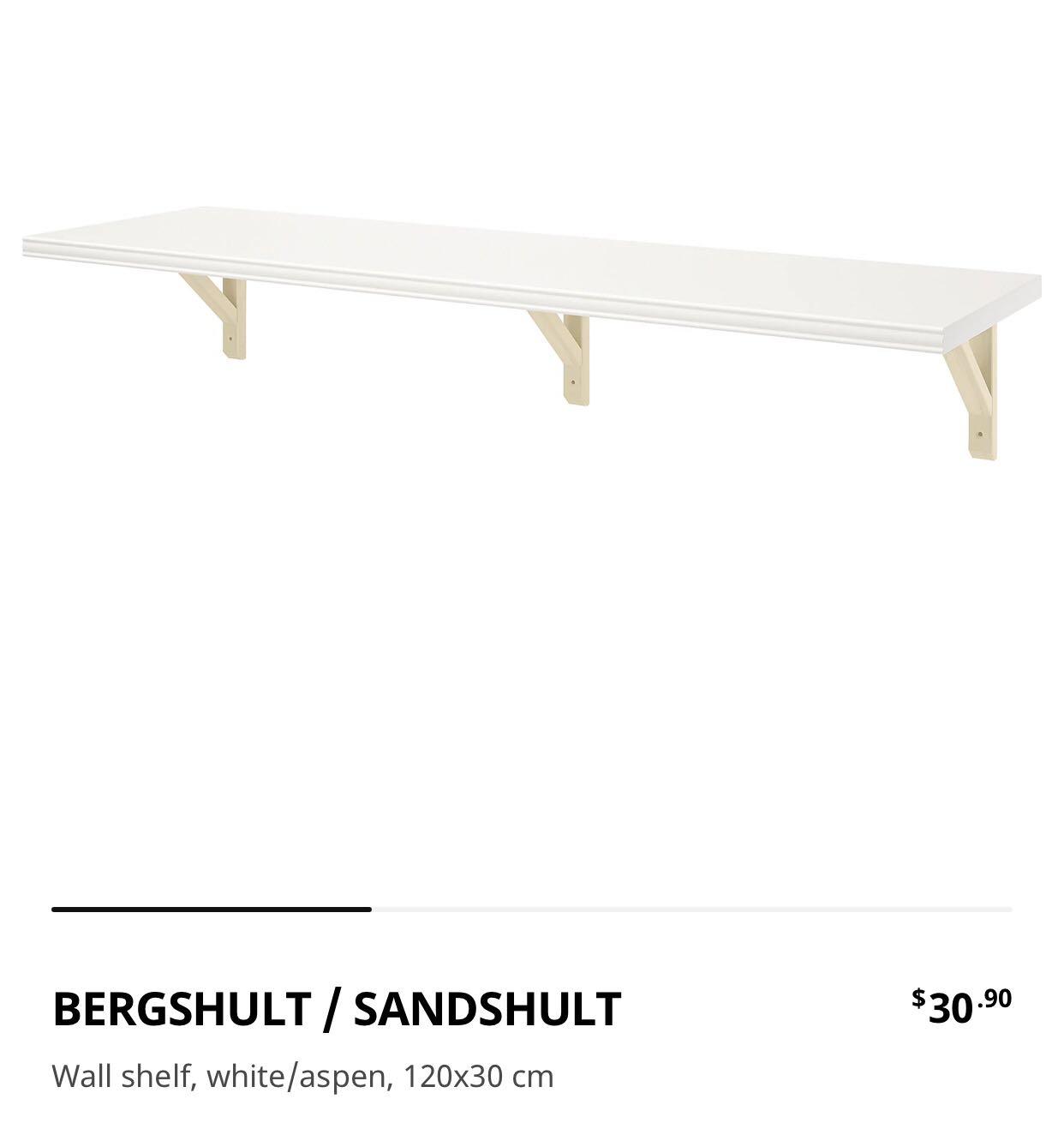 [NEW] IKEA Bergshult Wall Shelf (White) 120cm x 30cm, Furniture & Home