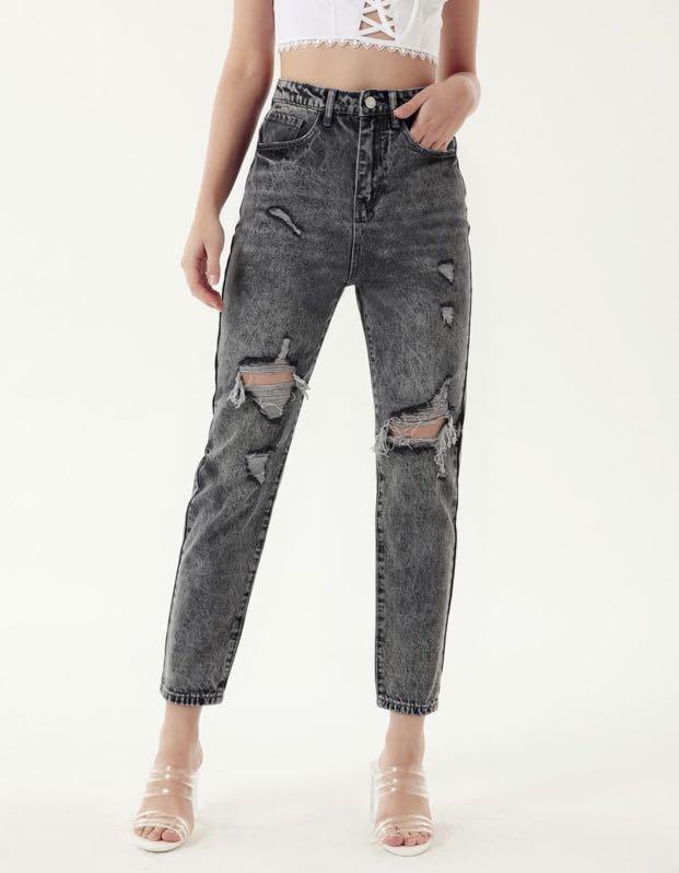 Grey ripped mom jeans Clearance