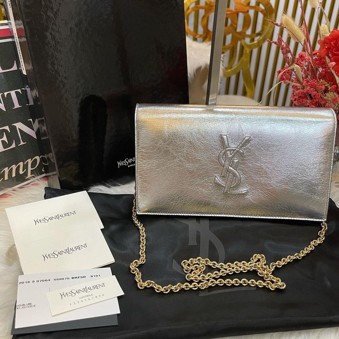Unused Ysl Wallet On Chain Clutch Metallic Silver With Gold Chain Hardware Luxury Bags Wallets On Carousell