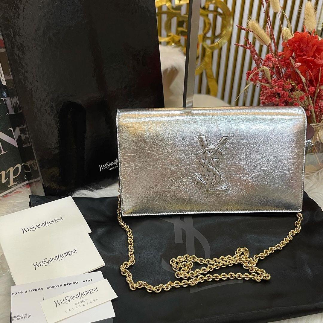 Unused Ysl Wallet on Chain Clutch Metallic Silver with Gold Chain Hardware