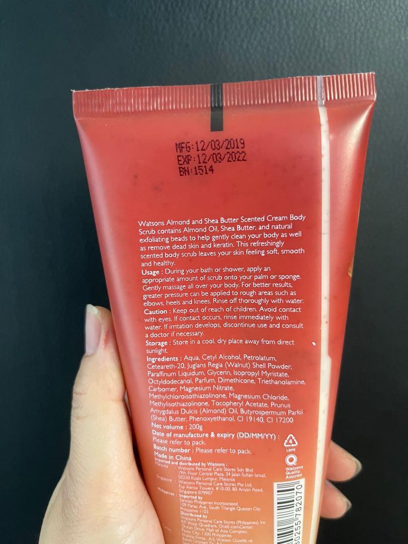 Watsons cream body scrub almond and shea butter scented 200g, Beauty & Personal Care, Bath