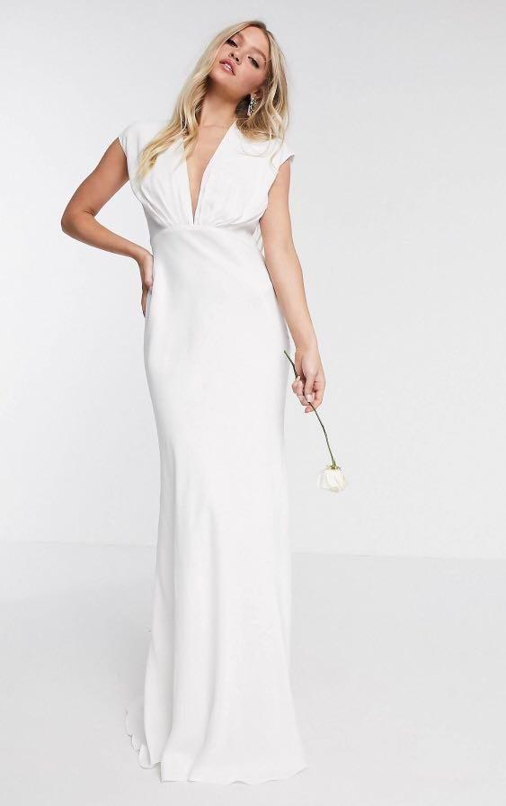 asos edition pleated plunge wrap wedding dress in satin ASOS Sadie Pleated Plunge Wrap Wedding Dress in White