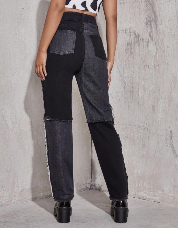 lovely casual mid waist patchwork black jeans