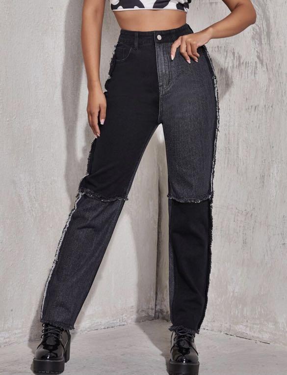 lovely casual mid waist patchwork black jeans