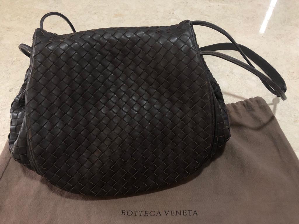 Bottega Veneta Dark Brown Intrecciato Leather Drawstring Flap