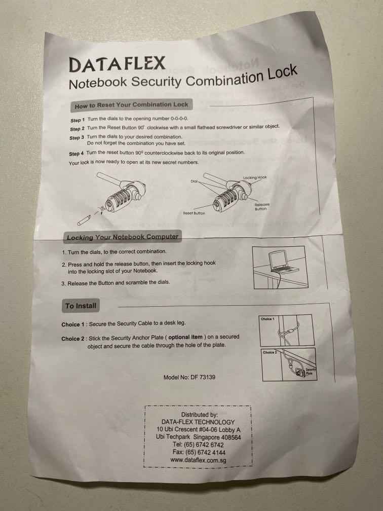 Data lock notebook security lock (Category: Other Accessories) located in Singapore. Submitted by wong5555 (Listing ID 1089428323, Image 2). Description: New, never used.
