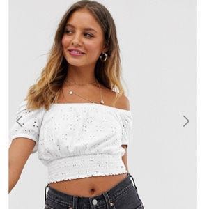 Hollister Smocked Eyelet Lace off shoulder top Women s Fashion