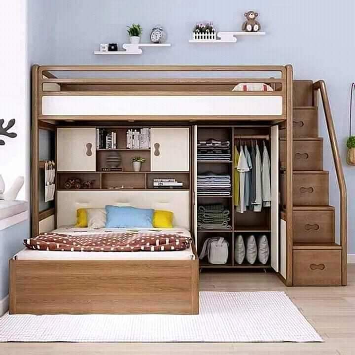 Mahogany Loft bed with single size bed, Furniture & Home Living