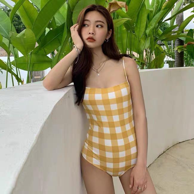 Yellow plaid swimsuit hot sale