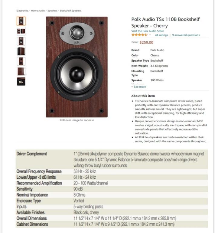 POLK AUDIO TSx110B Cherry Bookshelf Speaker not BOSE, JBL, B&W