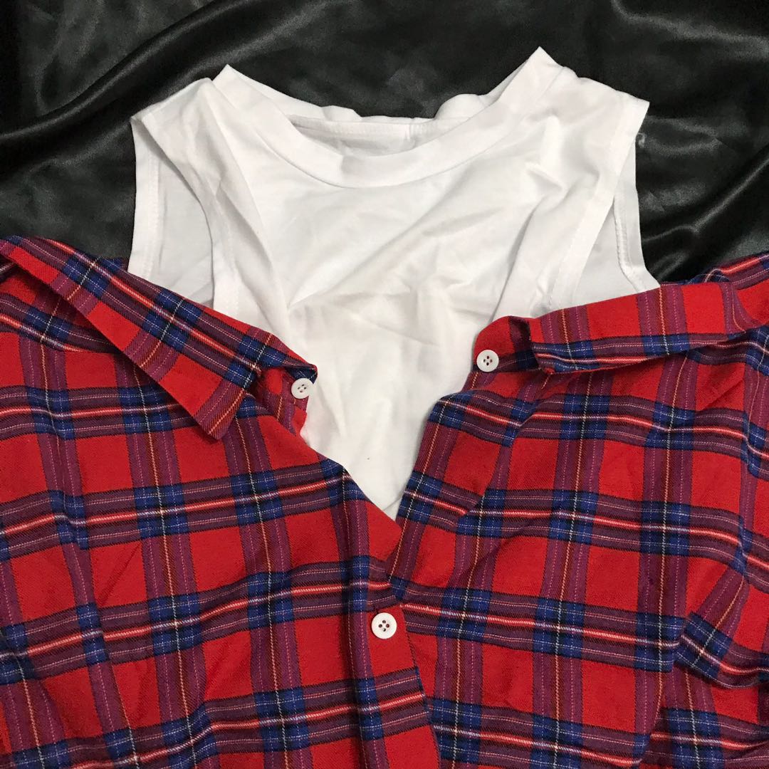 ROMWE open shoulder flannel and sando top Women s Fashion Tops