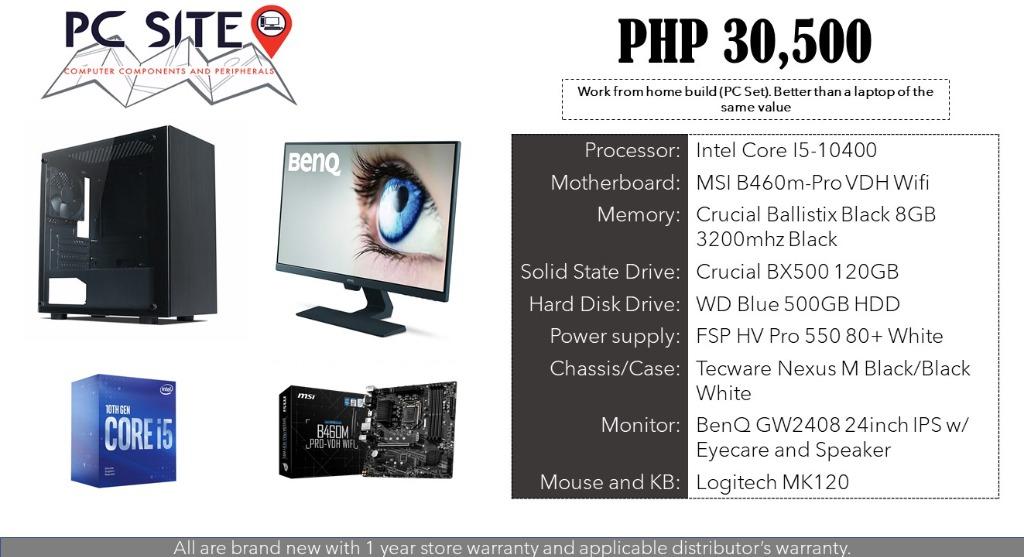 Work From Home PC (Category: Desktops) located in Valenzuela. Submitted by sneakerken (Listing ID 1089592494, Image 1). Description: Work From Home PC Set for sale! Better than laptop in the same price range. PHP 30,500 only! Specifications: Intel Core I5-10400 (6 Cores, 12 Threads) MSI B460m Pro-vdh wifi Crucial Ballistix 8GB CL16 3200mhz Black Crucial BX500 120GB SSD WD Blue 500GB HDD FSP HV Pro 550 80+ White Tecware Nexus M BenQ GW2480 24inch 