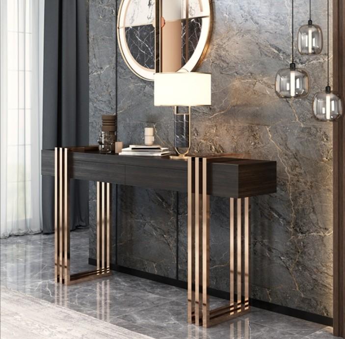 Solid Wood Hallway Console Table, Rose Gold Console Table With Drawers