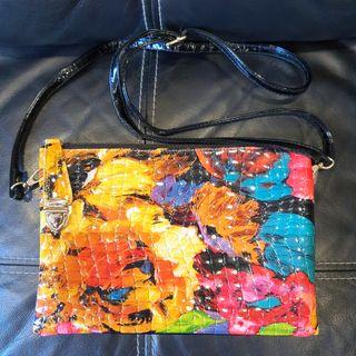 Colourful rainbow patent sling crossbody clutch bag