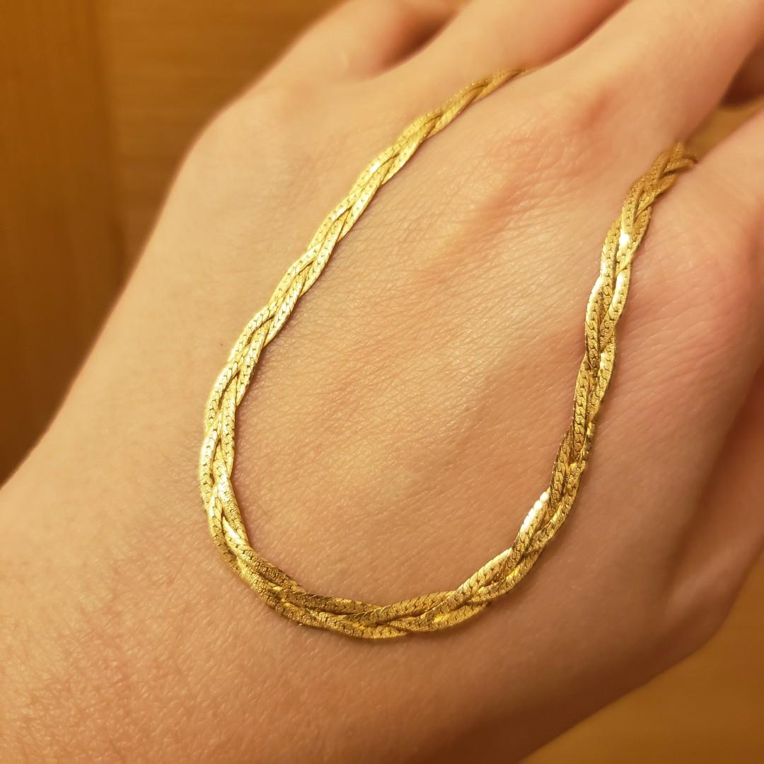 K18 Italy Gold Braided Design Flat Chain Necklace