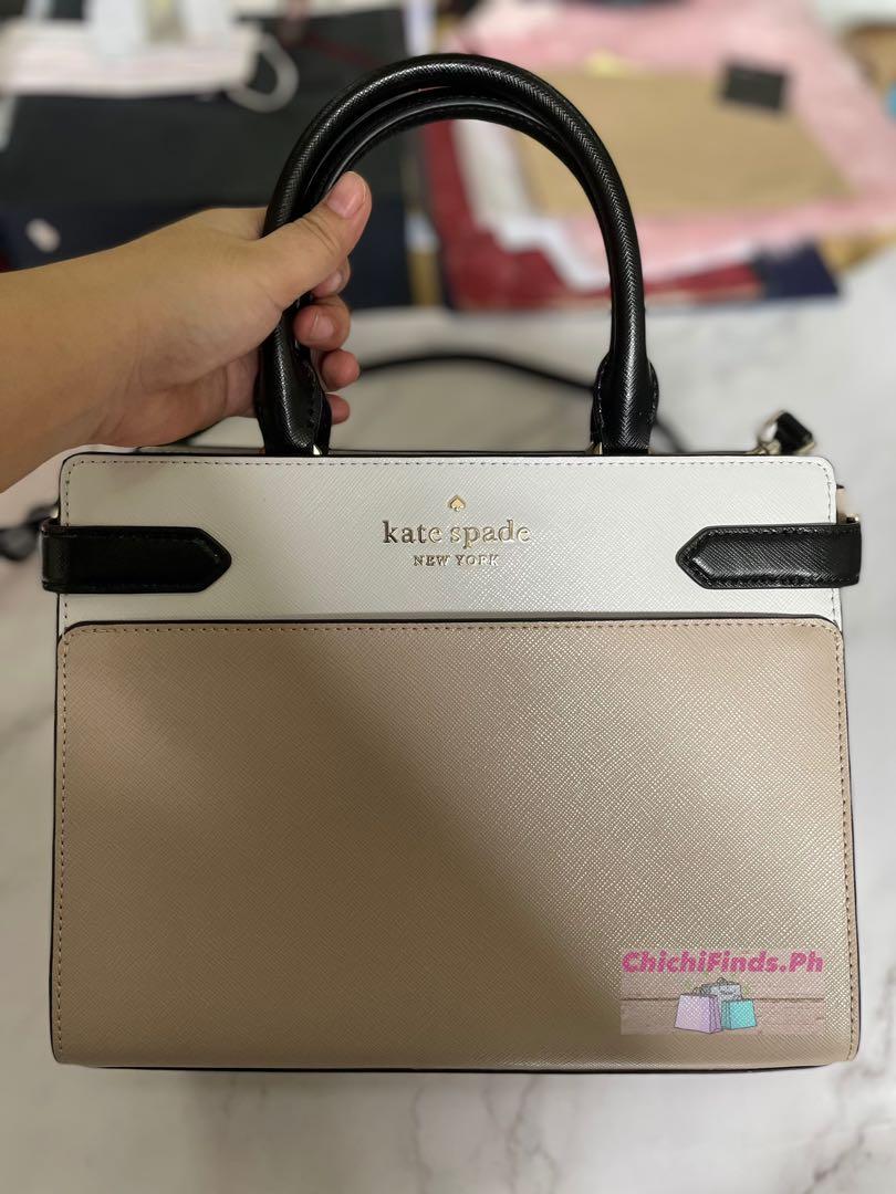 KATE SPADE STACI CAMERON MEDIUM SATCHEL SHOULDER BAG BEIGE WHITE BLACK  LEATHER