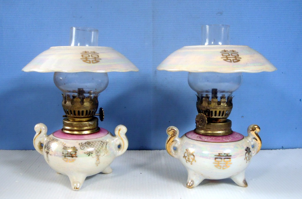Vintage Chinese oil lamps pair 'Happinese' collectible circa late 20