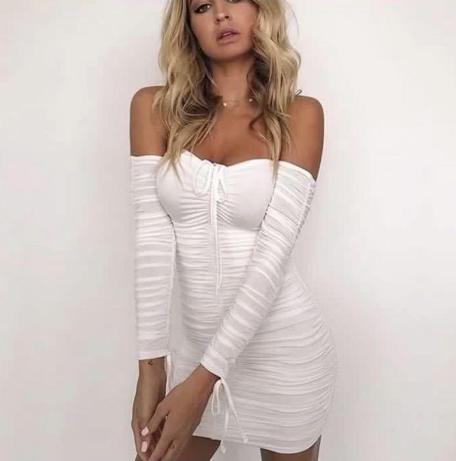 White Ruched Off Shoulder Basic Long Sleeved Self Tie Dress Fashion Nova Inspired Women s Fashion Tops Sleeveless on Carousell