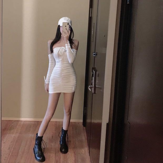 White Ruched Off Shoulder Basic Long Sleeved Self Tie Dress Fashion Nova Inspired Women s Fashion Tops Sleeveless on Carousell