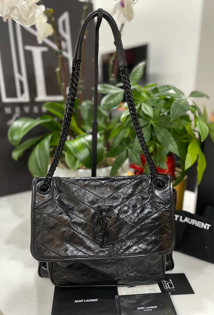 YSL Nikki Medium In Crinkled Black So Black Hardware
