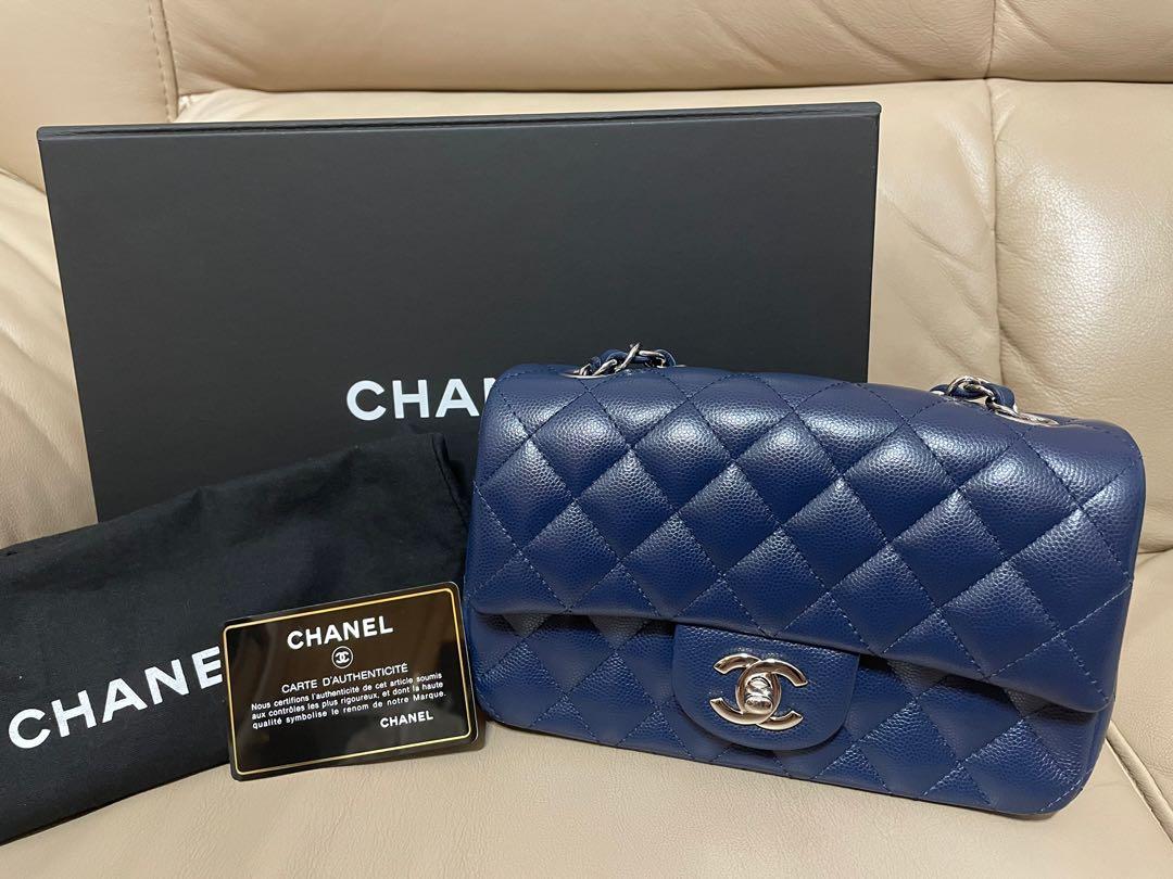 絕版Chanel 20cm classic mini flap bag 小牛皮荔枝皮魚子醬深藍色x銀