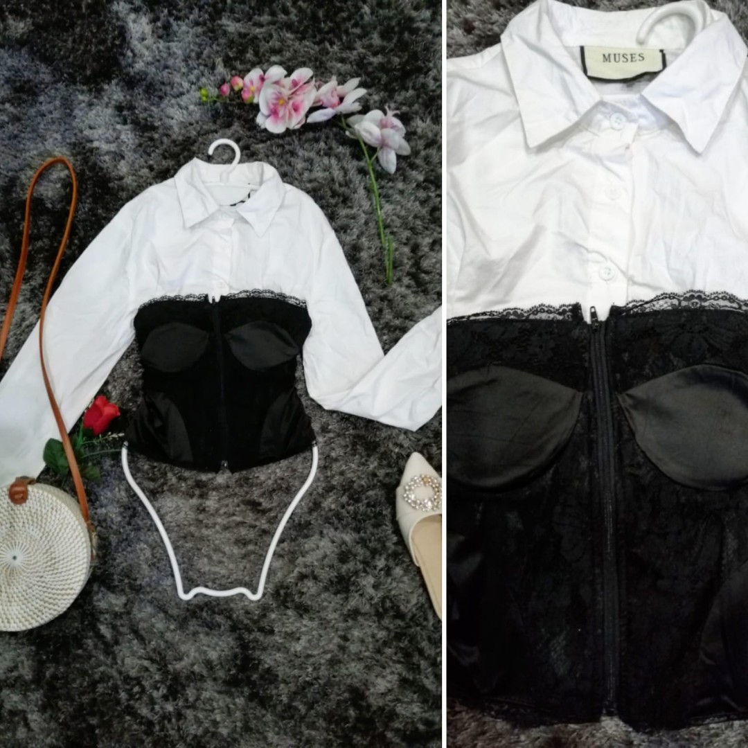 Black White Corset LS Polo Korean Top, Women's Fashion, Tops