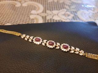 Old design gold Bracelet: cabochon oval Rubies with diamonds